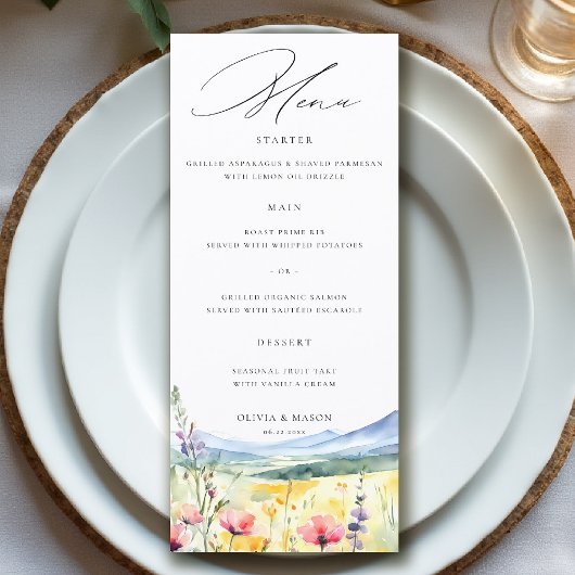 Mountain Wildflowers Meadow Modern Floral Wedding Menükarte