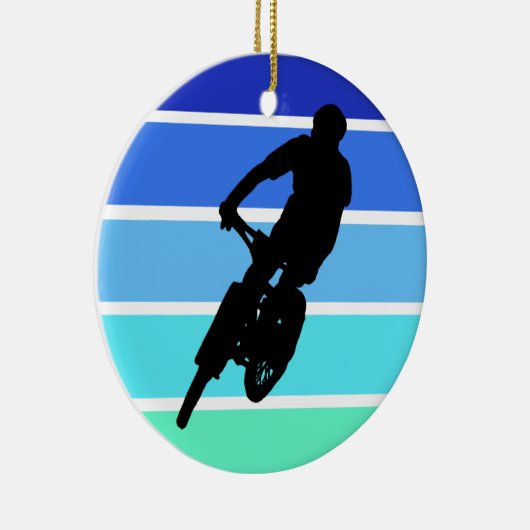 Mountainbiker auf Retro Blaue Streifen Keramik Ornament (Rechts)