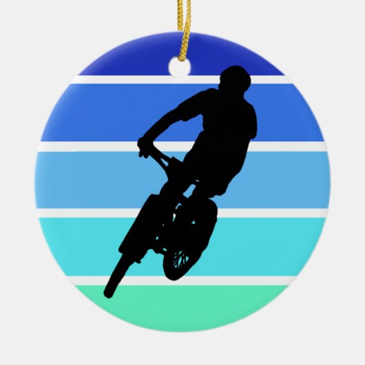 Mountainbiker auf Retro Blaue Streifen Keramik Ornament (Vorne)