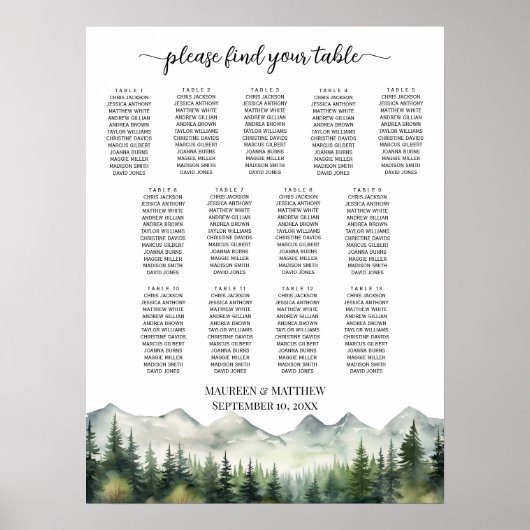 Mountains and Pines 13 Tables Wedding Seating Poster (Vorne)