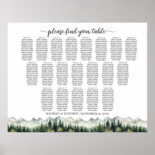 Mountains and Pines 20 Tables Wedding Seating Poster (Vorne)