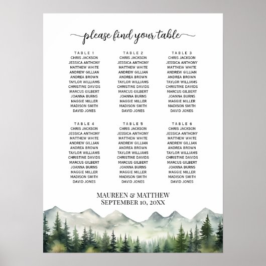 Mountains and Pines 6 Tables Wedding Seating Poster (Vorne)