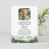 Mountains and Trees Celebration Of Life Funeral Einladung (Stehend Vorderseite)