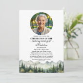 Mountains and Trees Celebration Of Life Funeral Einladung (Stehend Vorderseite)