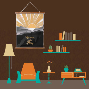 Mountains are Calling Burnt Sienna Sunrise Sunset Wandteppich Mit Holzrahmen