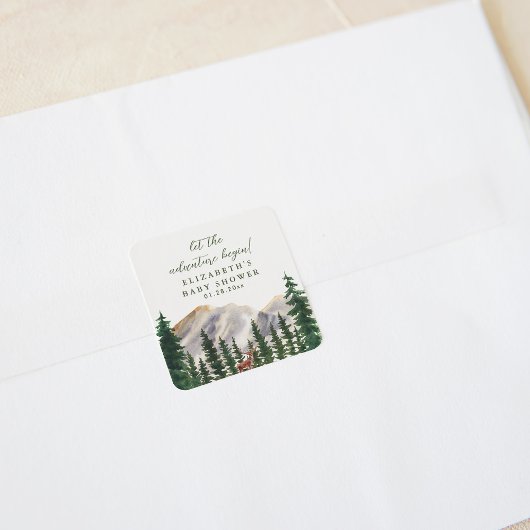 Mountains Deer Baby Shower Quadratischer Aufkleber
