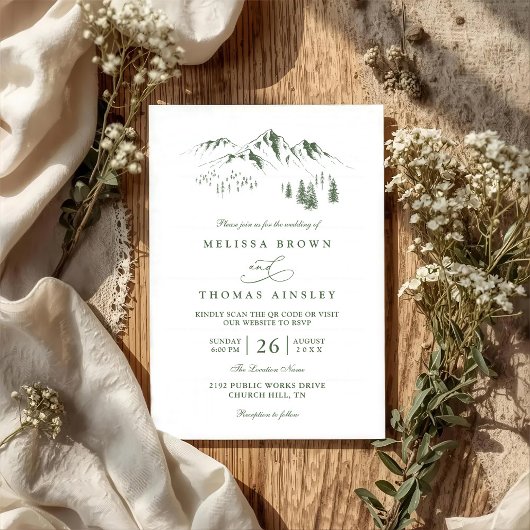 Mountains Forest Trees Pine Rustic QR Code Wedding Einladung
