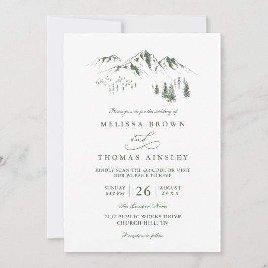 Mountains Forest Trees Pine Rustic QR Code Wedding Einladung (Vorderseite)