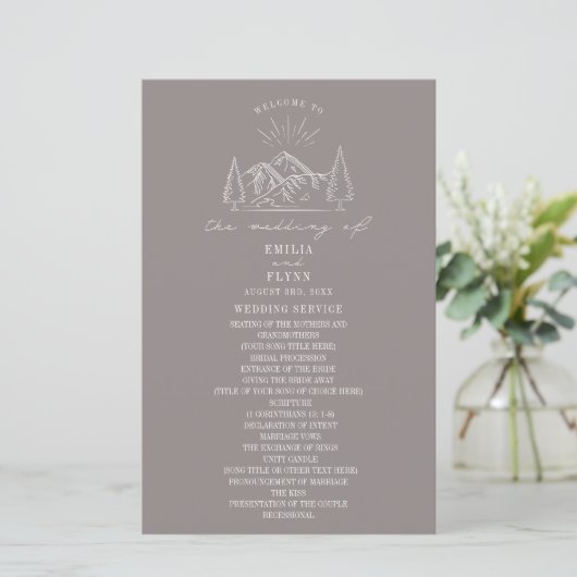 Mountains Line Art Amethyst Wedding Programm (Stehend Vorderseite)