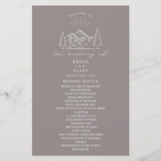 Mountains Line Art Amethyst Wedding Programm (Vorderseite)