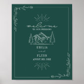 Mountains Line Art Emerald Wedding Welcome Poster (Vorne)