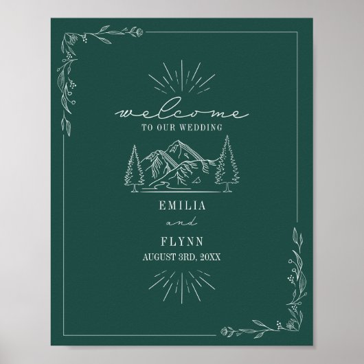 Mountains Line Art Emerald Wedding Welcome Poster (Vorne)