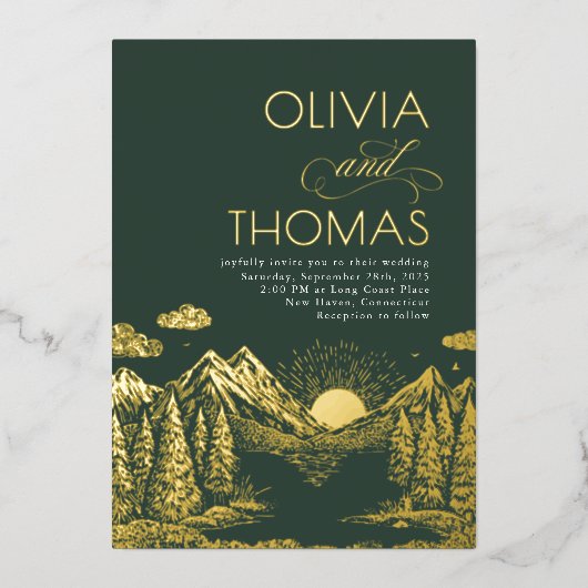 Mountains Nature Sunset Romantic Elegant Wedding Folieneinladung (Vorderseite)