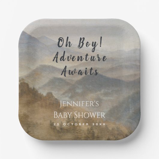 Mountains Oh Boy Adventure erwartet Baby Shower Pappteller (Vorderseite)