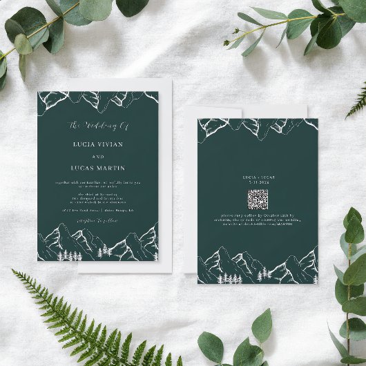 Mountains Pine Tree Emerald Green QR Code Hochzeit Einladung