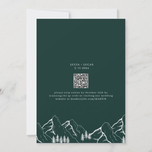 Mountains Pine Tree Emerald Green QR Code Hochzeit Einladung (Rückseite)