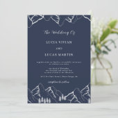 Mountains Pine Tree Navy Blue QR Code Hochzeit Einladung (Stehend Vorderseite)