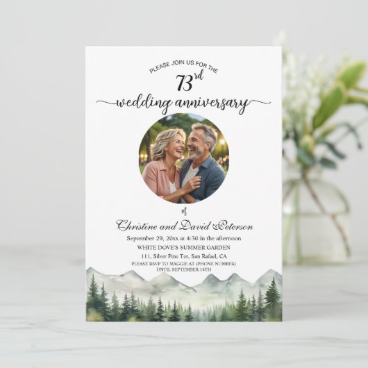 Mountains Pines 73rd Wedding Anniversary Photo Einladung (Stehend Vorderseite)