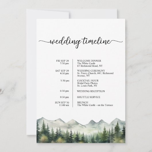 Mountains Pines Wedding Bag Letter & Timeline Card Einladung (Rückseite)