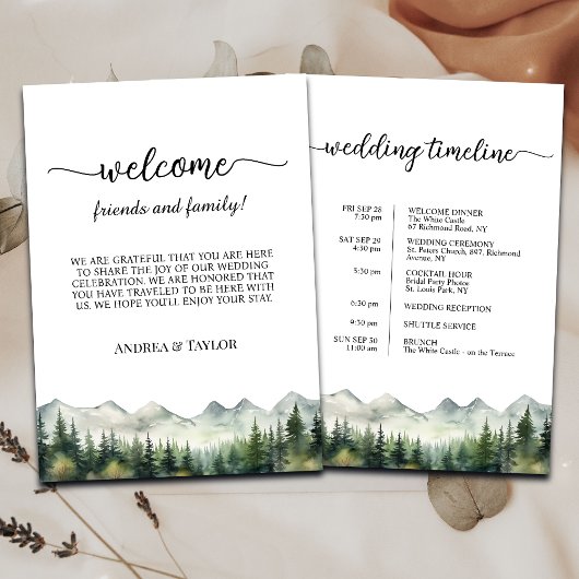 Mountains Pines Wedding Bag Letter & Timeline Card Einladung