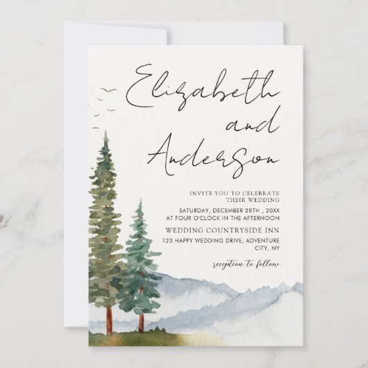 Mountains - Rustic Pine Trees Wedding Einladung (Vorderseite)