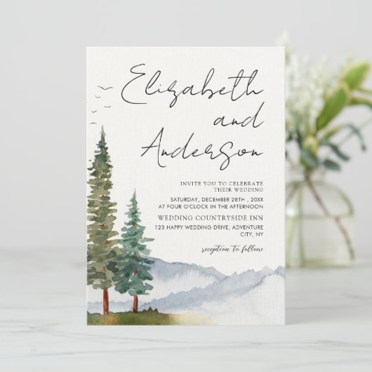 Mountains - Rustic Pine Trees Wedding Einladung (Stehend Vorderseite)
