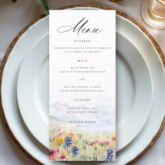 Mountains Wildflowers Meadow Whimsical Wedding Menükarte