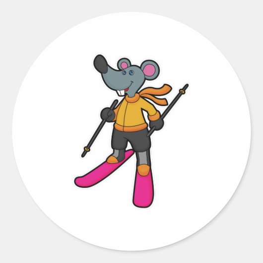 Mouse as Skier with Ski Runder Aufkleber (Vorderseite)