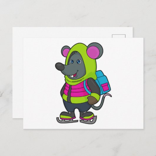 Mouse at Ice Skaten mit Ice Skate & Backpack.pn Postkarte (Vorne/Hinten)