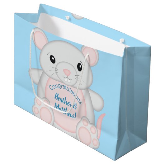 Mouse Baby Shower Blue Große Geschenktüte (Vorderseite Schrägansicht)