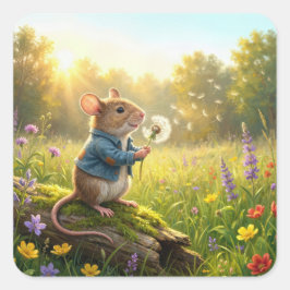 Mouse Blowing Dandelion Seedlings Quadratischer Aufkleber