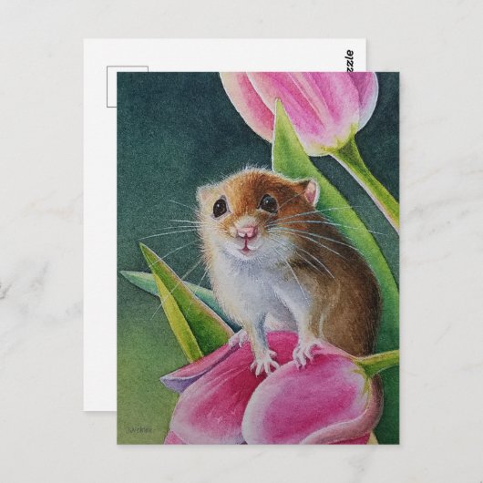 Mouse ernten auf rosa Tulip Wasserfarbe Kunst Postkarte (Vorne/Hinten)