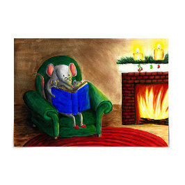 Mouse Family Reading by Fireplace Weihnachtskarte Karte