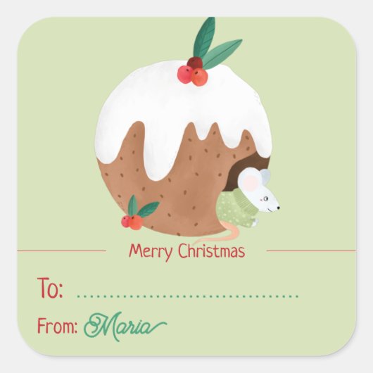 Mouse genießt Weihnachts-Pudding - Square Sticker (Vorderseite)