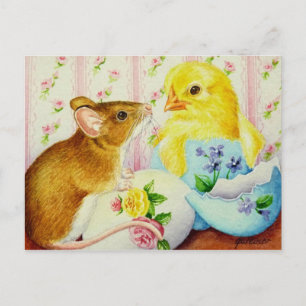 Mouse Meets Baby Chick Osterfarben Kunst Postkarte