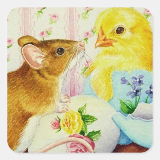 Mouse Meets Baby Chick Osterfarben Kunst Quadratischer Aufkleber (Vorderseite)