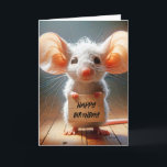 Mouse Pappe Geburtstagssignatur Karte<br><div class="desc">Eine reizende Cartoon-Maus mit übergroßen Ohren und Wasseraugen steht auf einem Holzfußboden mit einem kleinen Pappkarton mit Happy Birthday Text. Alle Texte können geändert werden.</div>