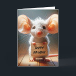 Mouse Pappe Geburtstagssignatur Karte<br><div class="desc">Eine reizende Cartoon-Maus mit übergroßen Ohren und Wasseraugen steht auf einem Holzfußboden mit einem kleinen Pappkarton mit Happy Birthday Text. Alle Texte können geändert werden.</div>