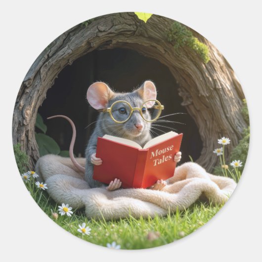 Mouse Reading a Red Book On a Blanket Runder Aufkleber (Vorderseite)