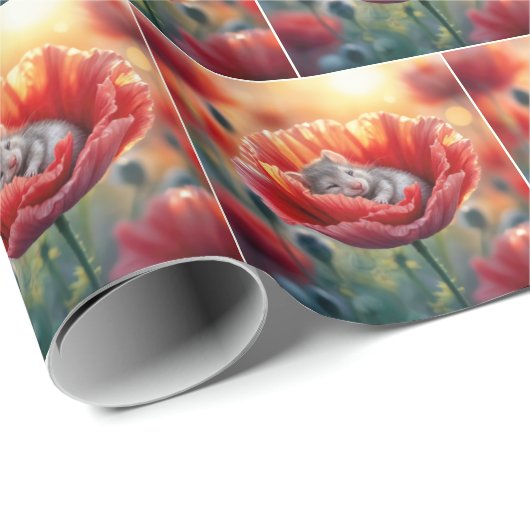 Mouse schlafen in einer roten Mohnblume-Blume Geschenkpapier (Rolleneckpunkt)