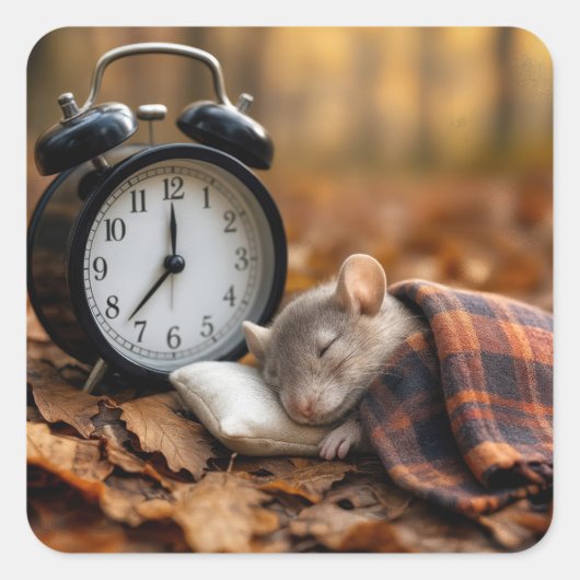 Mouse Sleeping By an Alarm Clock Quadratischer Aufkleber (Vorderseite)