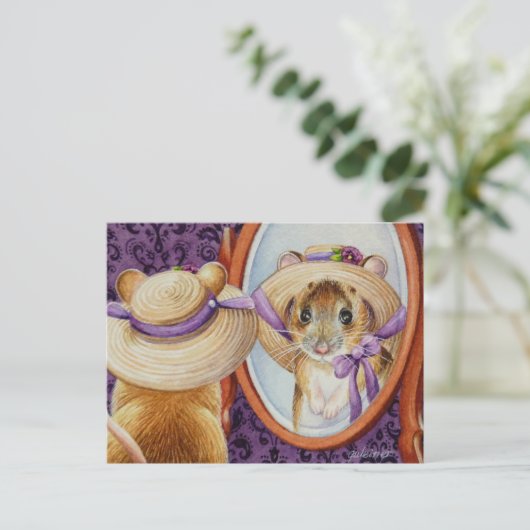 Mouse Wear Spring Bonnet Mirror Wasserfarben Kunst Postkarte (Stehend Vorderseite)