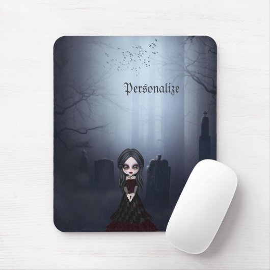 Mousepad mit gruseligem Goth Mädchen im Friedhof (Mit Mouse)