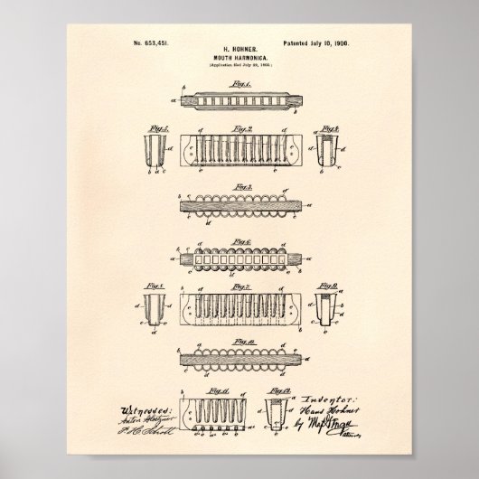 Mouth Harmonica 1900 Patent Art Old Peper Poster (Vorne)