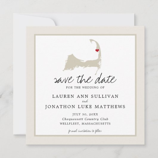 Movable Red Heart Wellfleet Cape Cod Map Hochzeit Save The Date (Vorderseite)