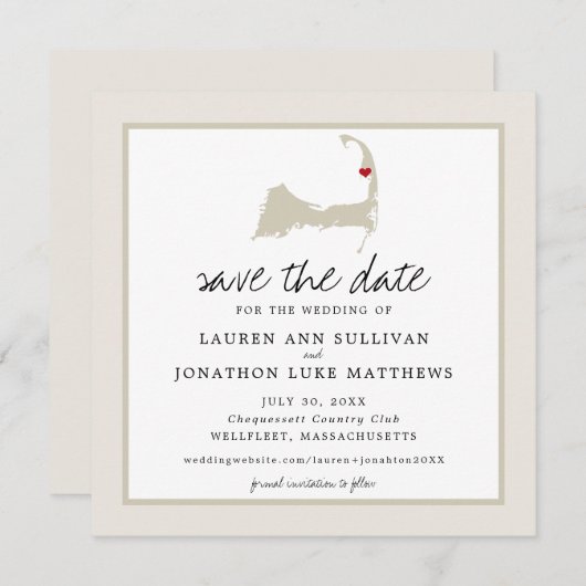 Movable Red Heart Wellfleet Cape Cod Map Hochzeit Save The Date (Vorne/Hinten)