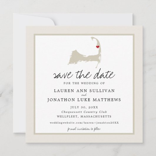 Movable Red Heart Wellfleet Cape Cod Map Hochzeit Save The Date (Vorderseite)