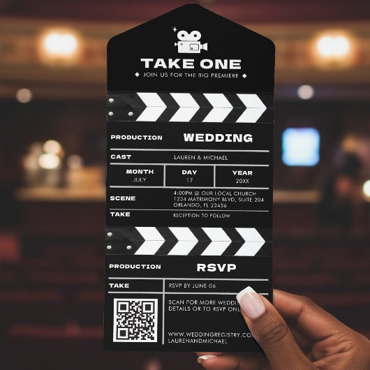 Movie Film Clapboard QR Code Wedding All In One Einladung