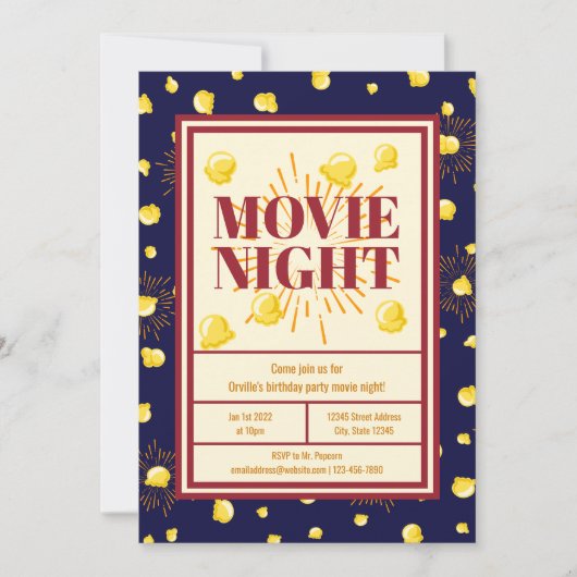 Movie Night Birthday Party - Feuerwerk Popcorn Einladung (Vorderseite)