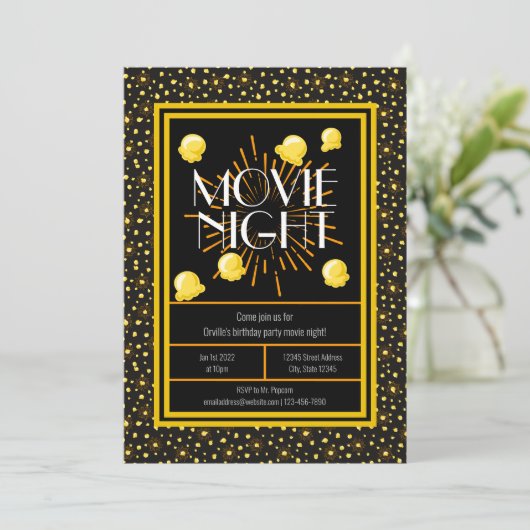 Movie Night Birthday Party - Feuerwerk Popcorn Einladung (Stehend Vorderseite)